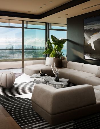  Modern Tranquility: Neutral Living Room Design with Cityscape Panorama  Inspirations Caffe Latte Home